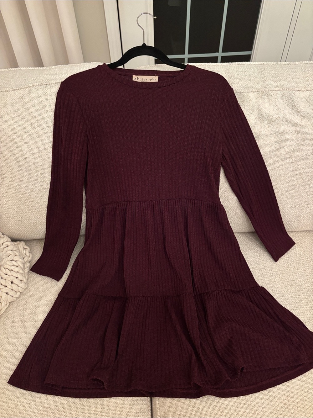 Philosophy woman’s Burgundy Ribbed Long-Sleeve Tiered Dress